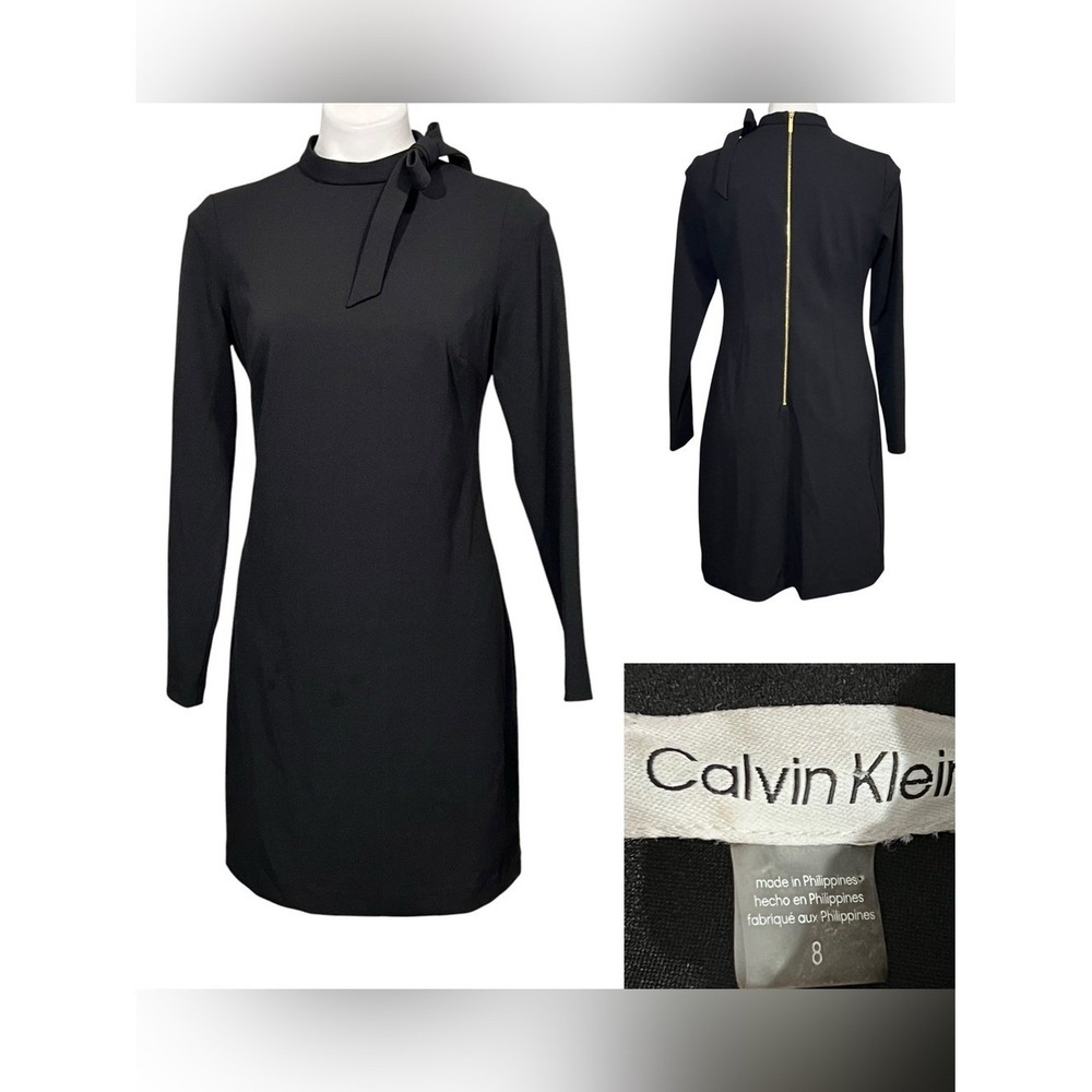 Calvin Klein dress sz 8 Black Long-Sleeve Shift stretch bow accent office church
